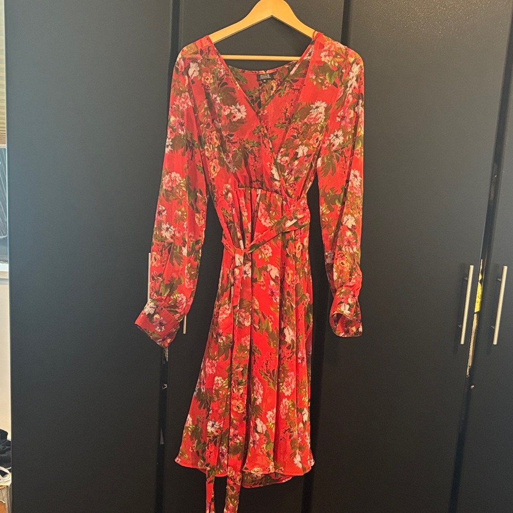 Vibrant Red Floral Long Sleeve Dress
